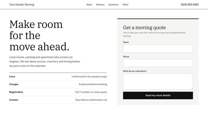 Instant Quote look for a moving services site