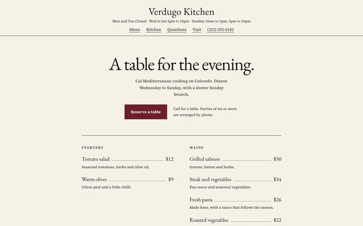 The Menu look for a restaurant site
