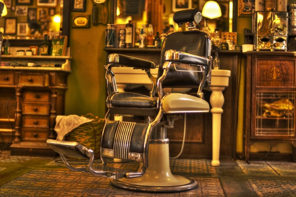 Barbershop interior with vintage chairs and warm lamps