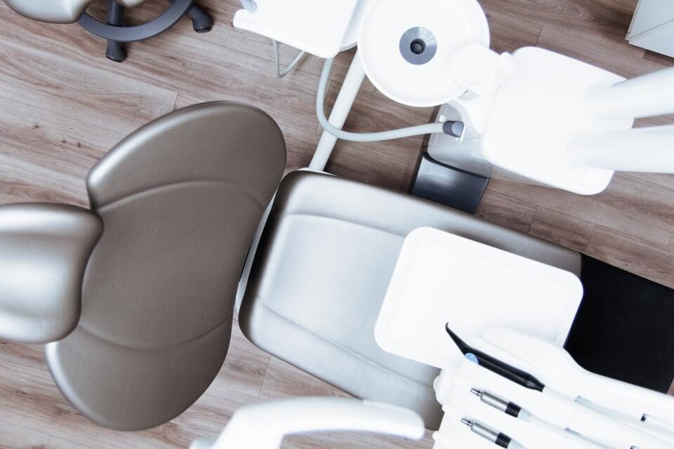 Dental chair and tray seen from above